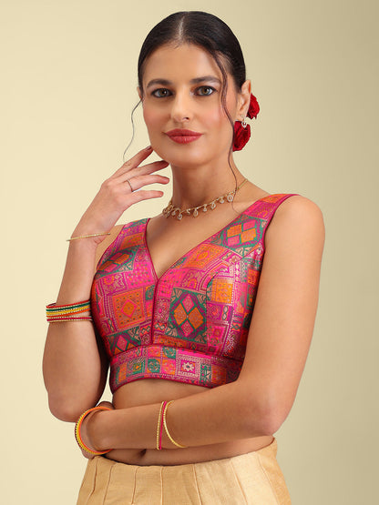 Woven Dark Pink Multi Colour Design Saree Blouse