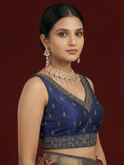 Silk Embroidered Navy Blue Saree Blouse