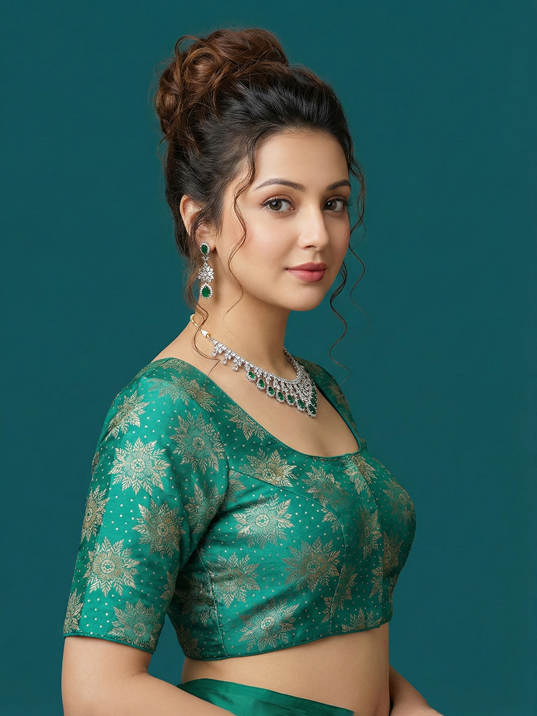 Satin Emerald Green Brocade Blouse