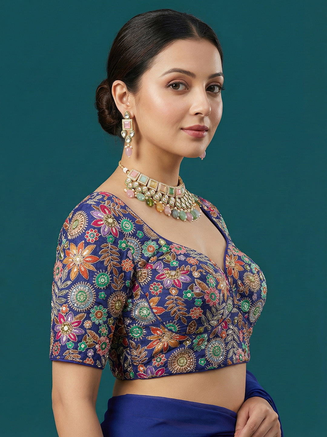 Embroidered Blue Saree Blouse