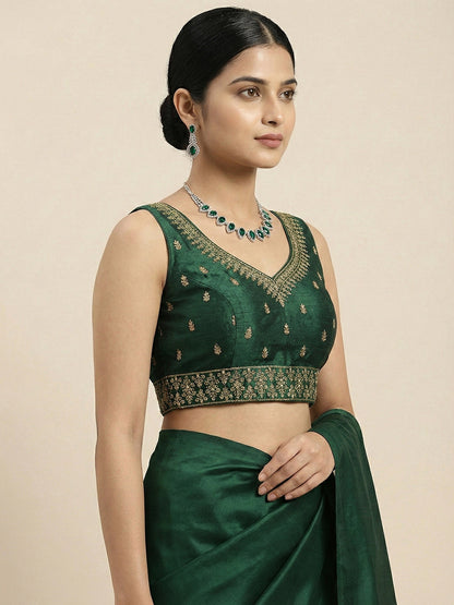 Silk Embroidered Green Saree Blouse