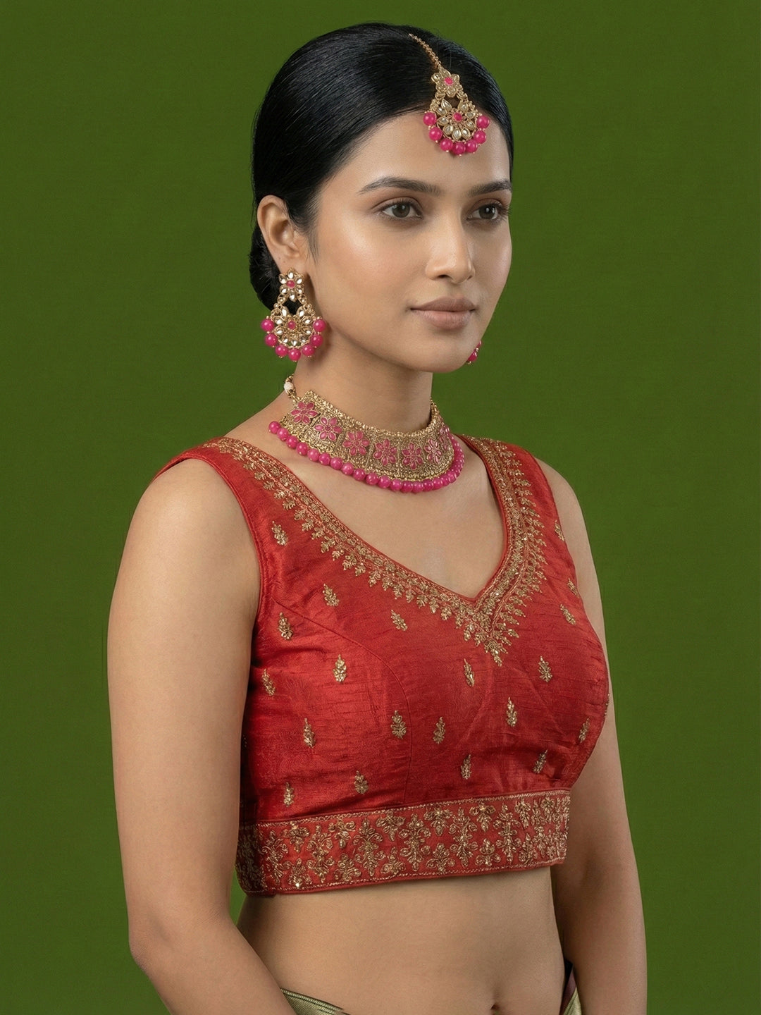 Silk Embroidered Red Saree Blouse