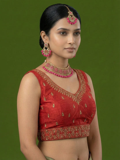 Silk Embroidered Red Saree Blouse