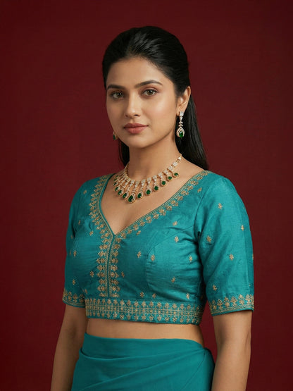 Women's Rama Capri Silk Embroidered Saree Blouse