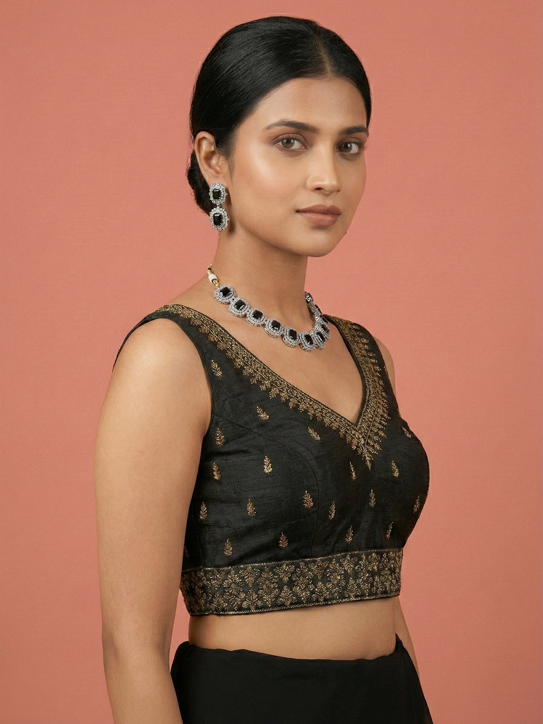Silk Embroidered Black Saree Blouse