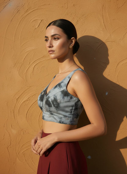 Tie-Dye Grey  Embroidered Blouse