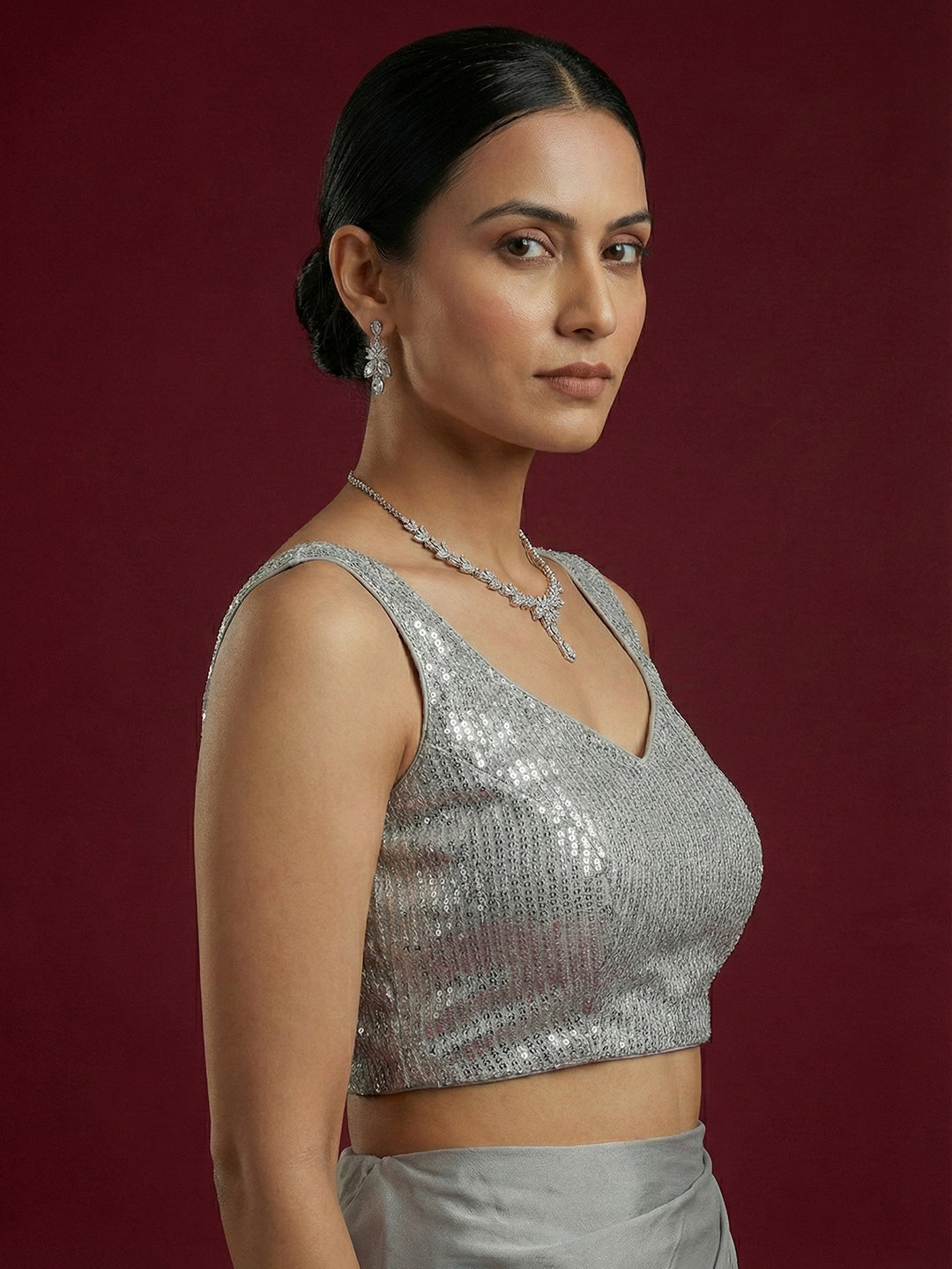 Embellished Silver Saree Blouse