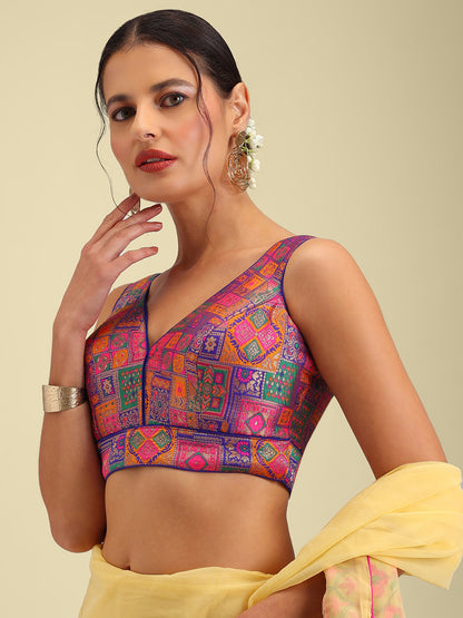 Woven Navy Blue Multi Colour Design Saree Blouse