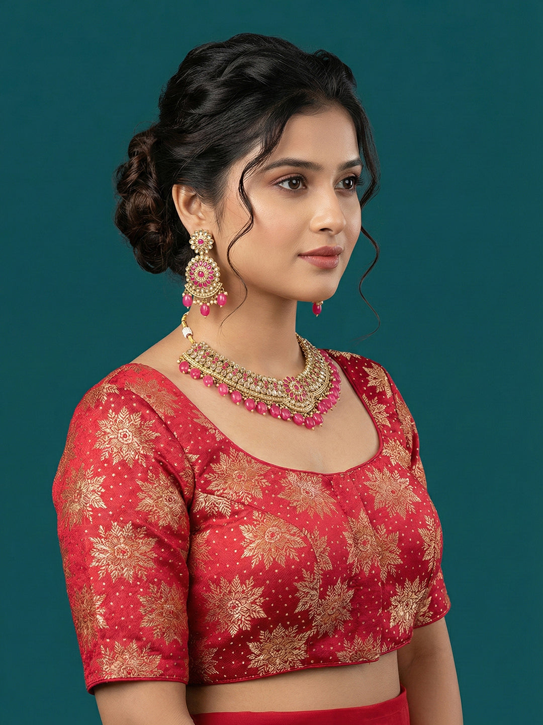 Satin Deep Red Brocade Blouse