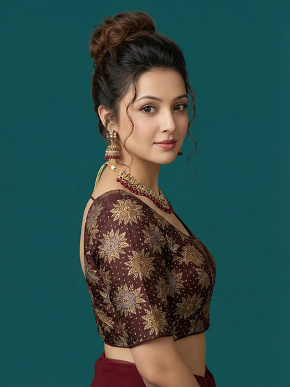 Satin Coffee Brown Brocade Blouse