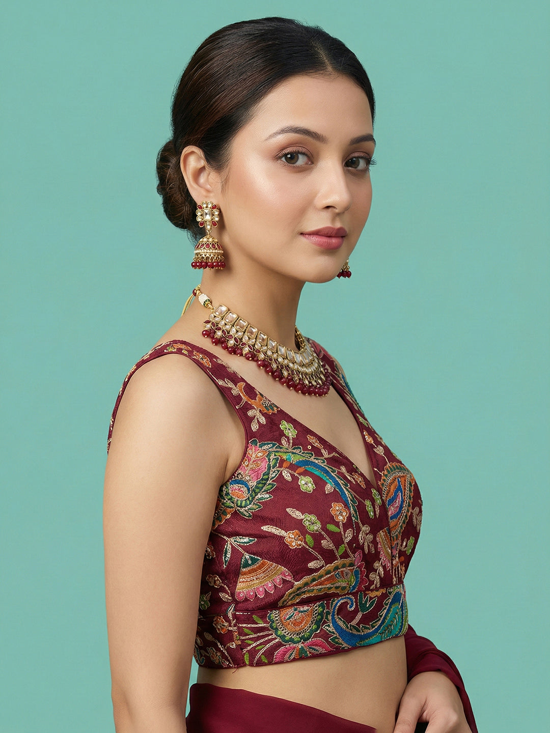 Designer Maroon Embroidered Saree Blouse