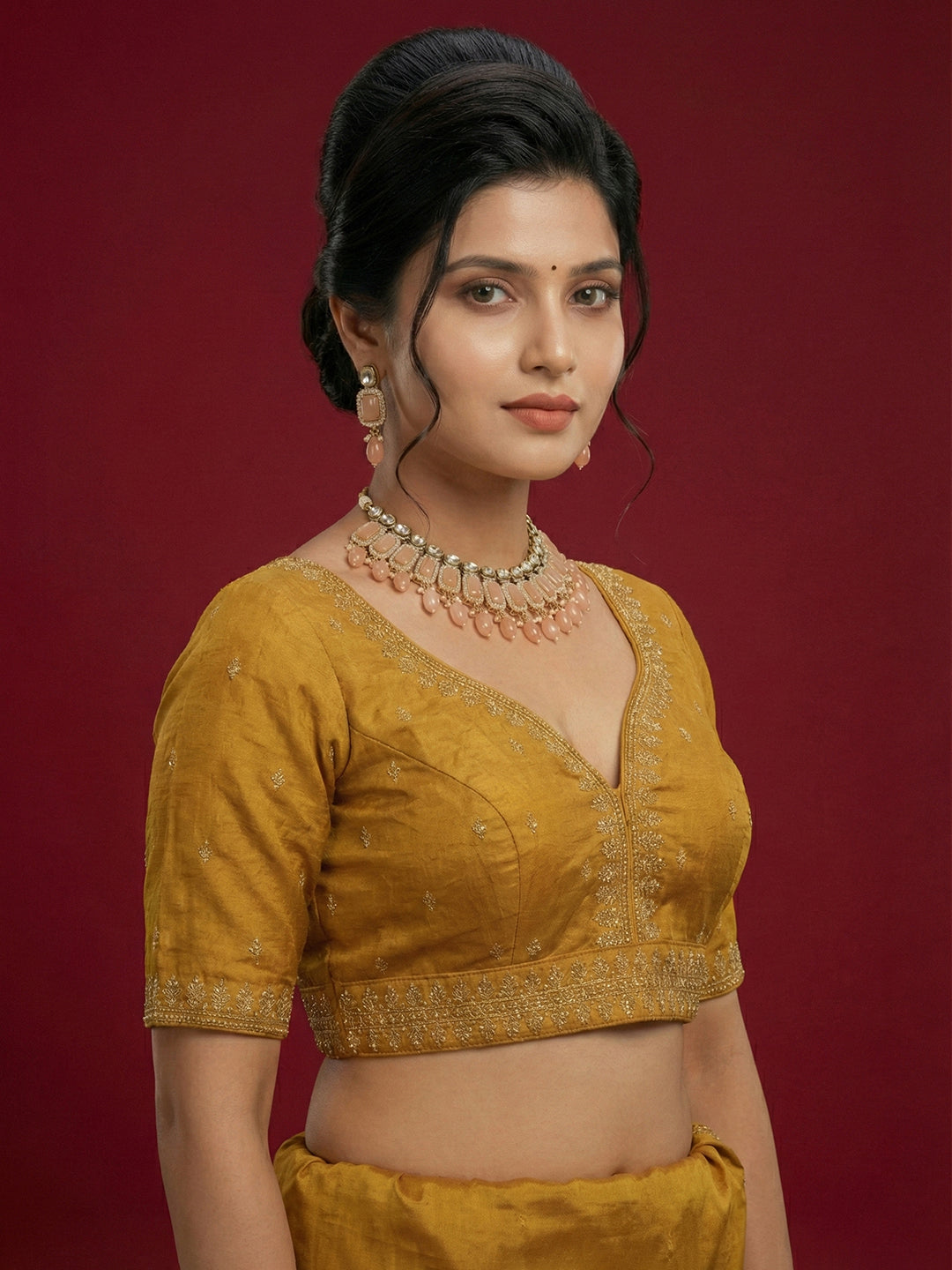 Women's Mustard Capri Silk Embroidered Saree Blouse