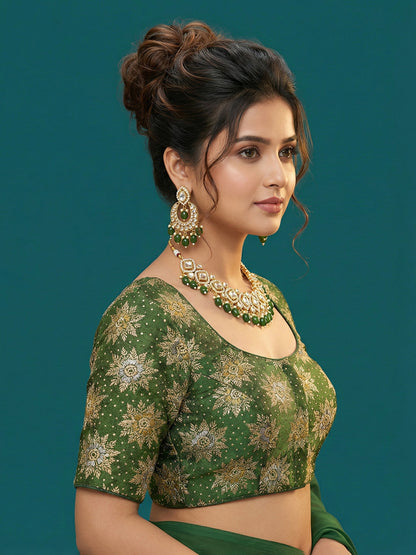 Satin Bottle Green Brocade Blouse
