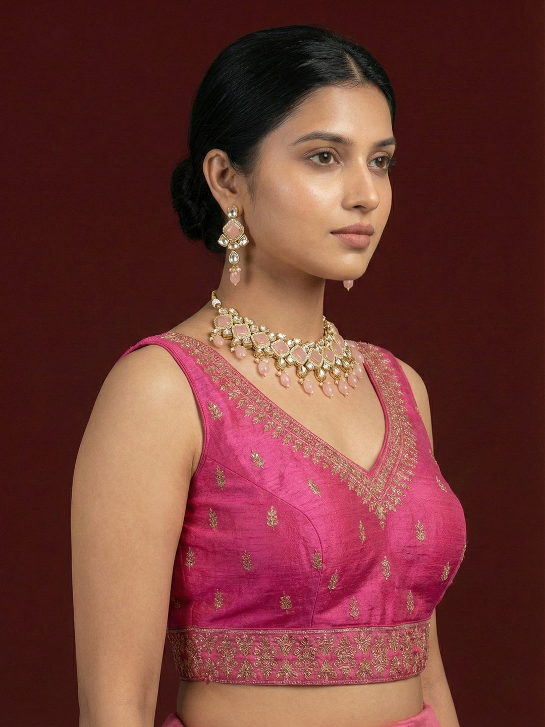 Silk Embroidered Light Rani Saree Blouse