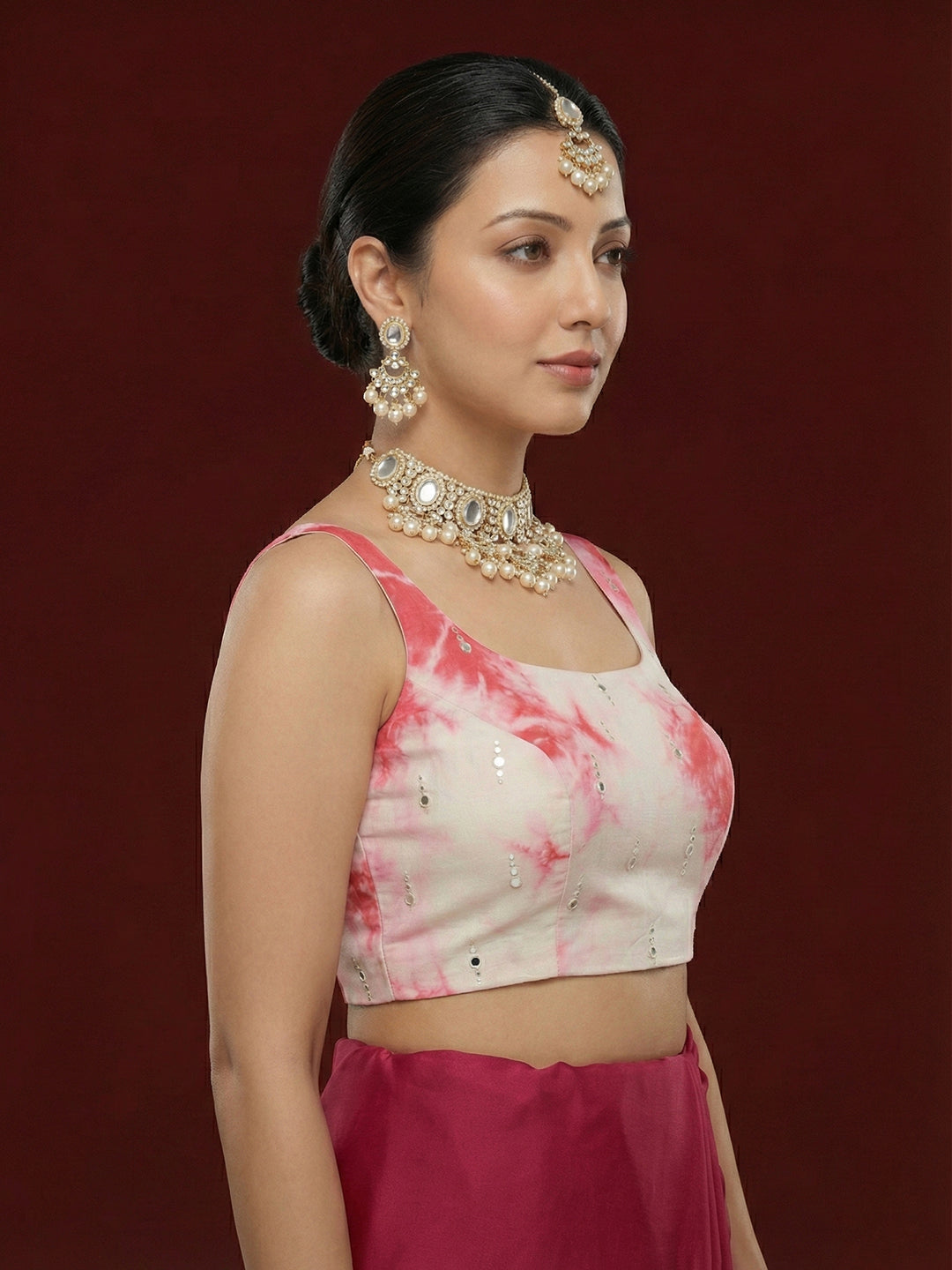 Tie-Dye Pink Embroidered Saree Blouse