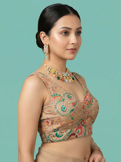 Designer Dark Beige Embroidered Saree Blouse