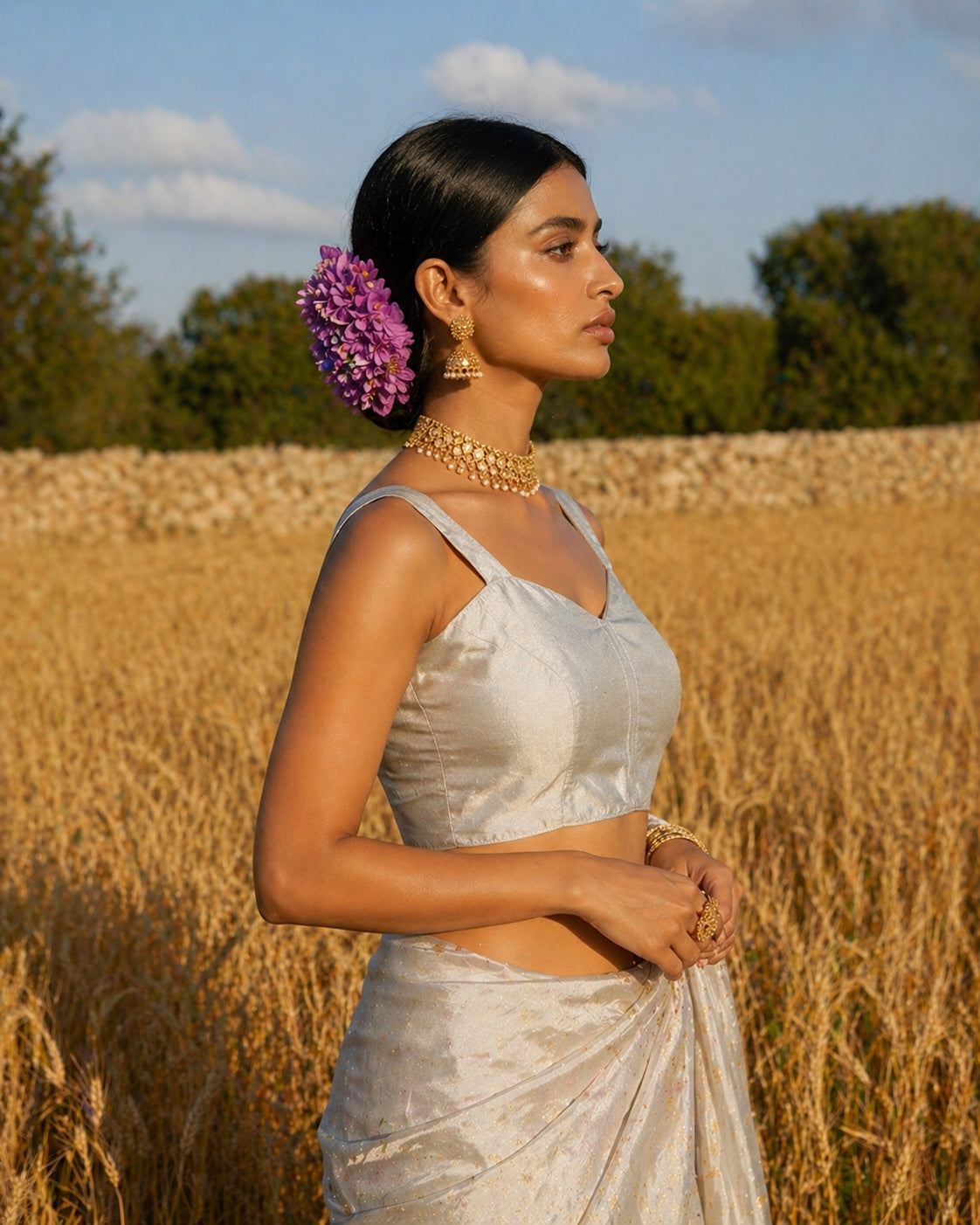 Solid Tafeta Silver Saree Blouse