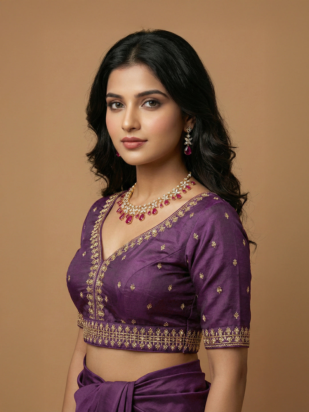 Women's Purple Capri Silk Embroidered Saree Blouse