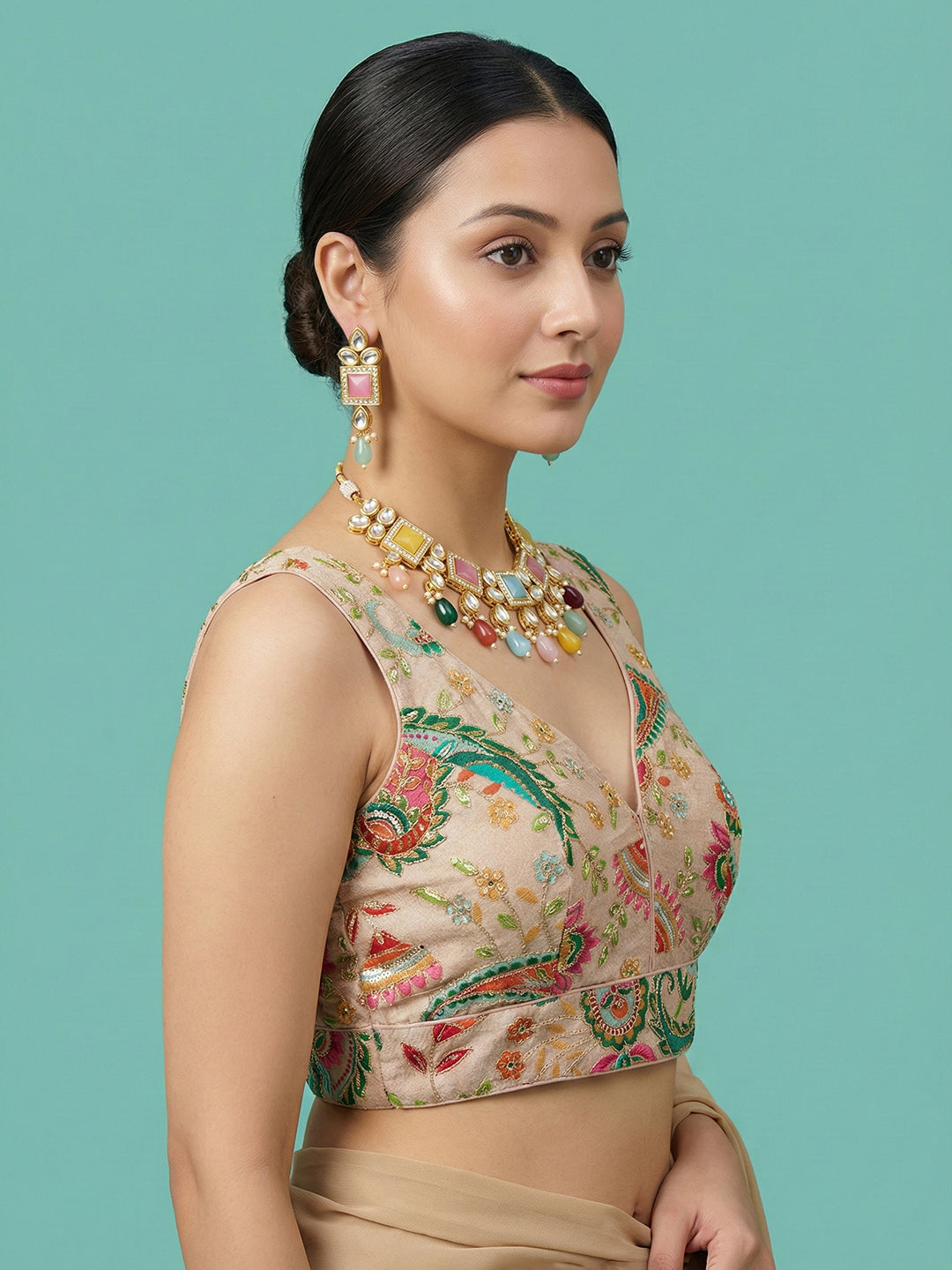 Designer Light Beige Embroidered Saree Blouse