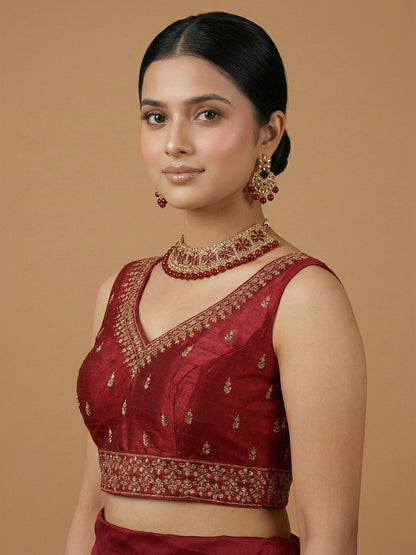 Silk Embroidered Maroon Saree Blouse