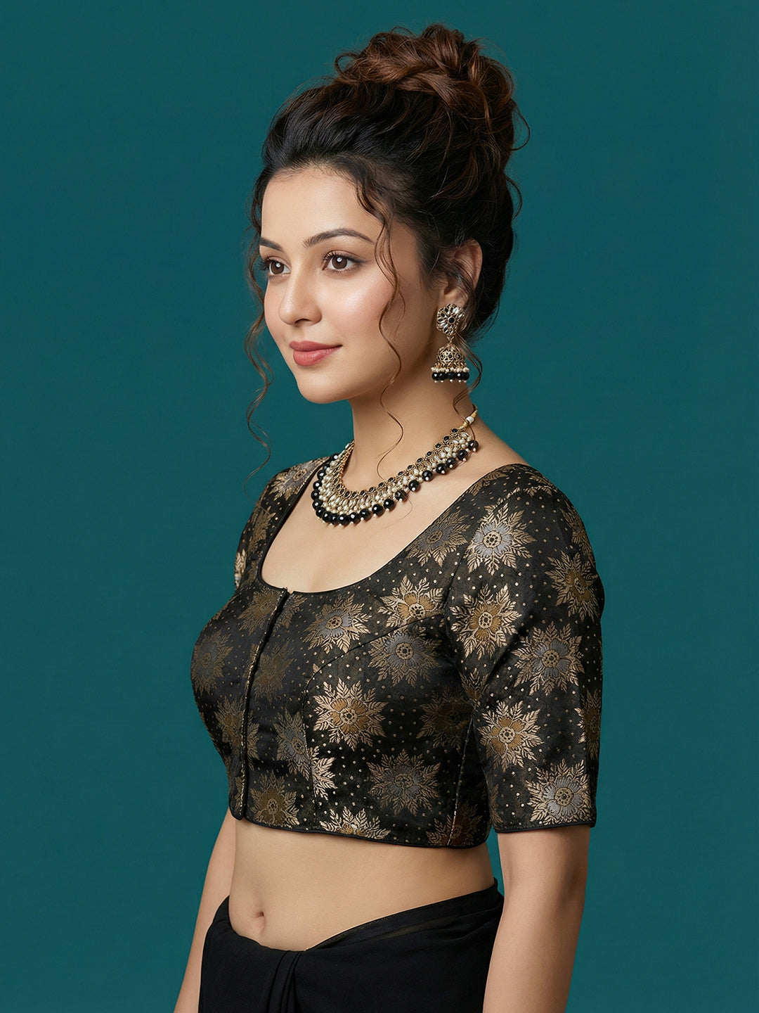 Satin Black Brocade Blouse
