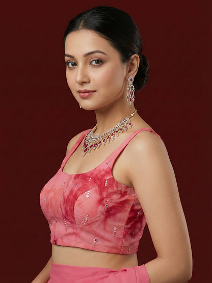 Tie-Dye Dark Pink Embroidered Saree Blouse