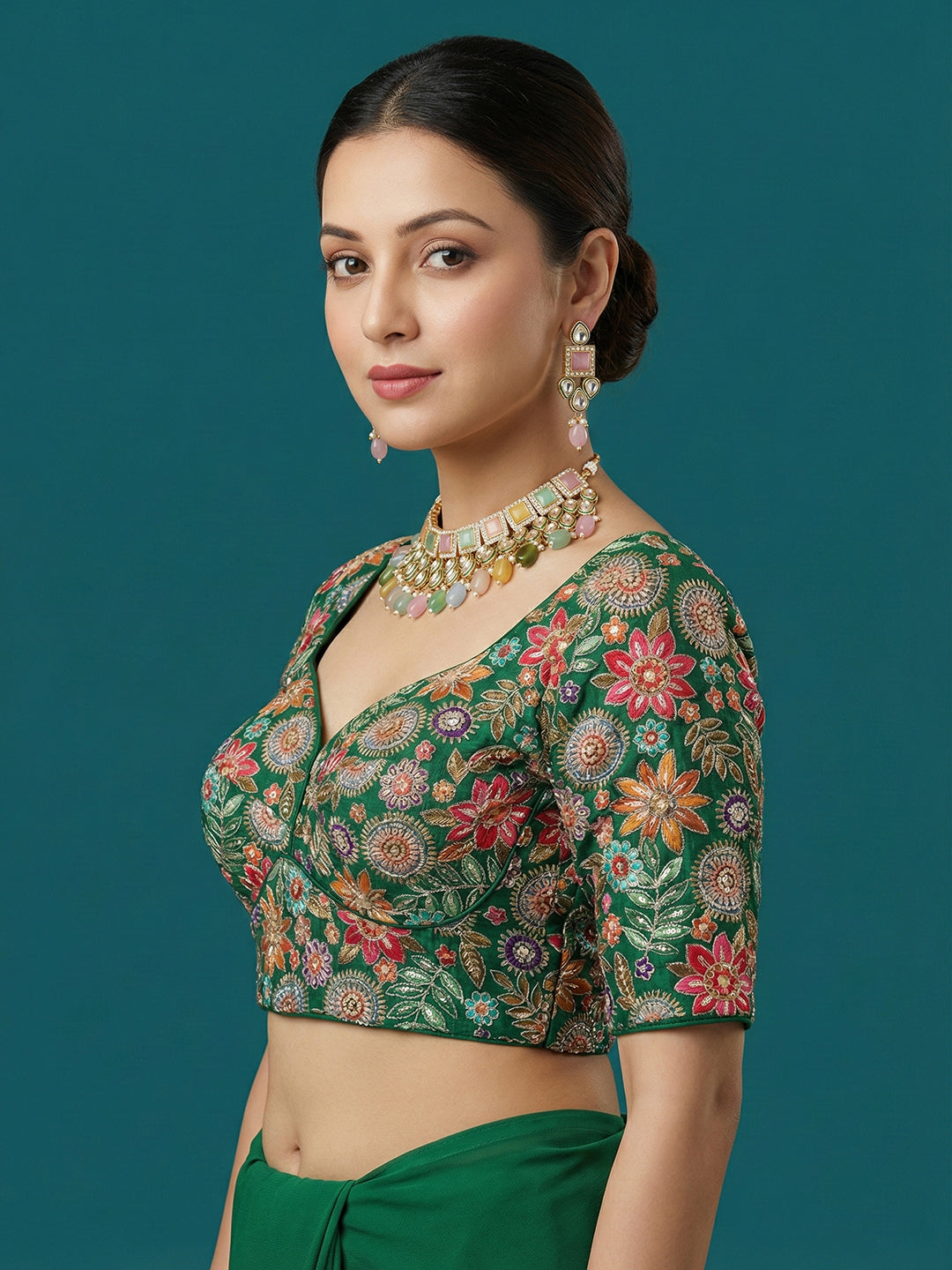 Embroidered Green Saree Blouse