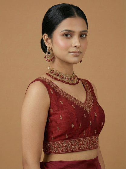 Silk Embroidered Maroon Saree Blouse
