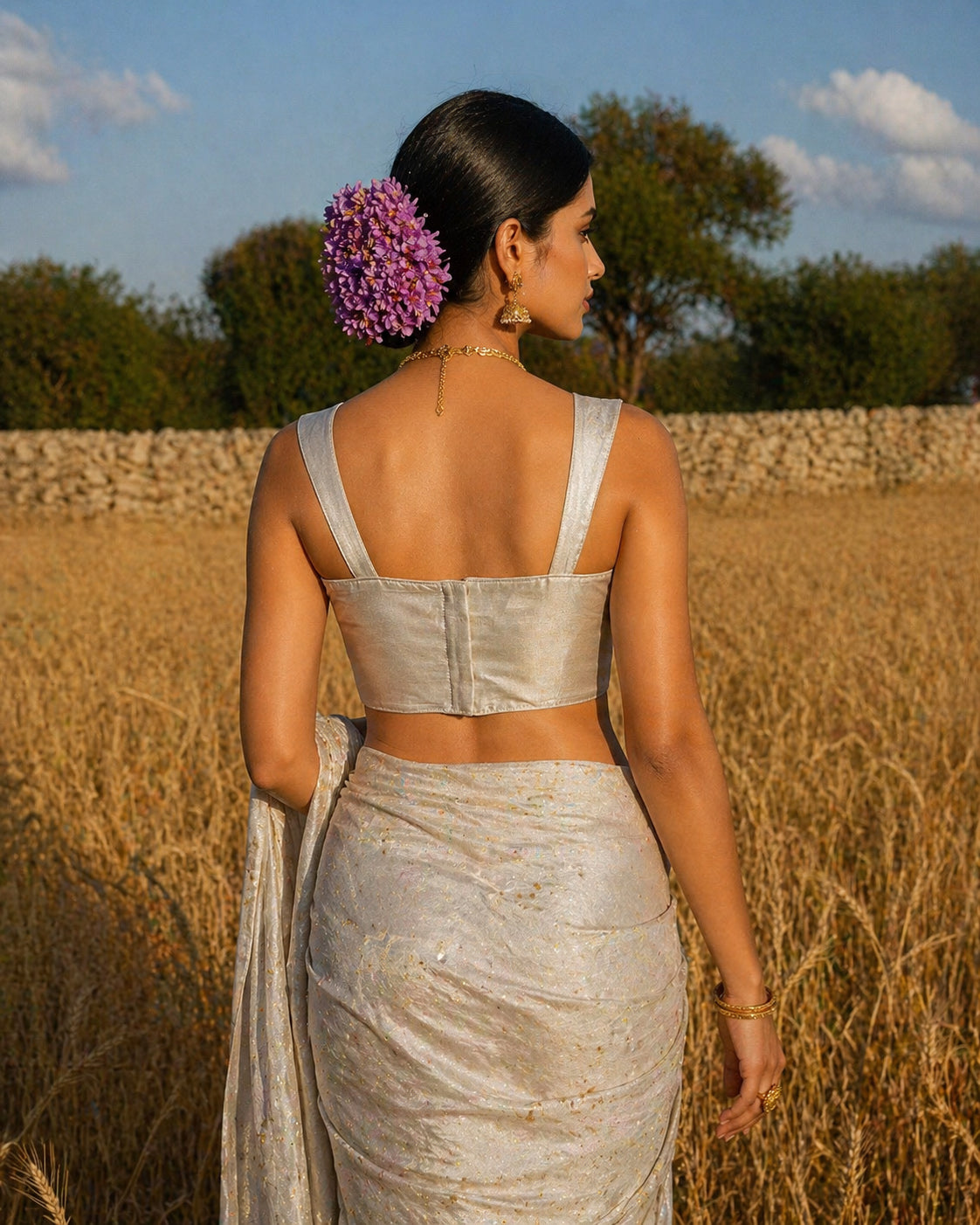 Solid Tafeta Silver Saree Blouse