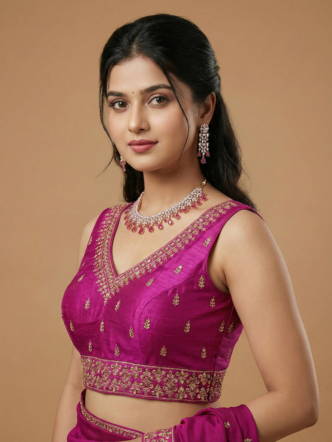 Silk Embroidered Magenta Saree Blouse