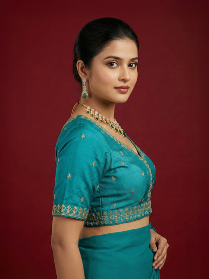 Women's Rama Capri Silk Embroidered Saree Blouse