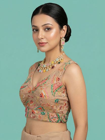 Designer Dark Beige Embroidered Saree Blouse