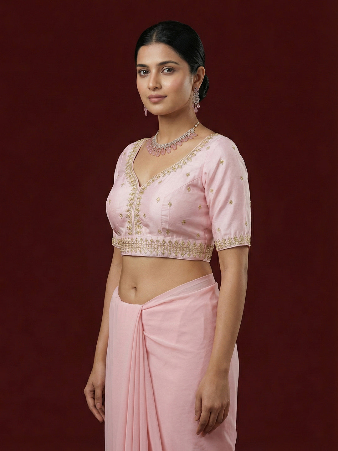Women's Pink Capri Silk Embroidered Saree Blouse