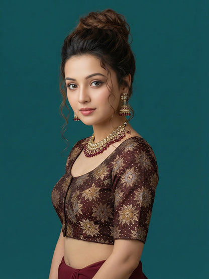 Satin Coffee Brown Brocade Blouse