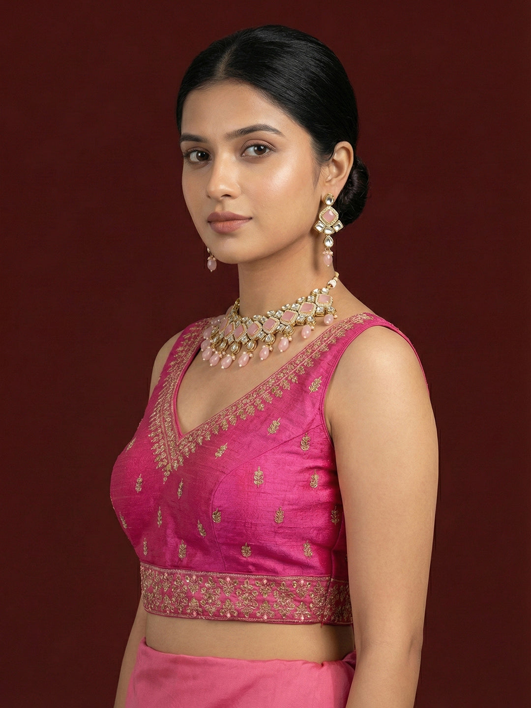 Silk Embroidered Light Rani Saree Blouse