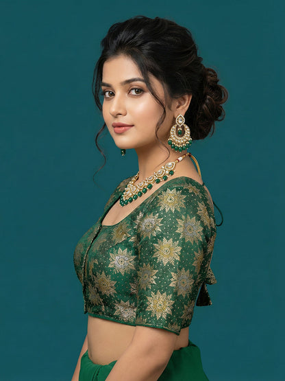 Satin Dark Green Brocade Blouse