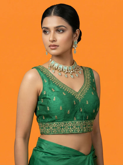 Silk Embroidered Bottle Green Saree Blouse