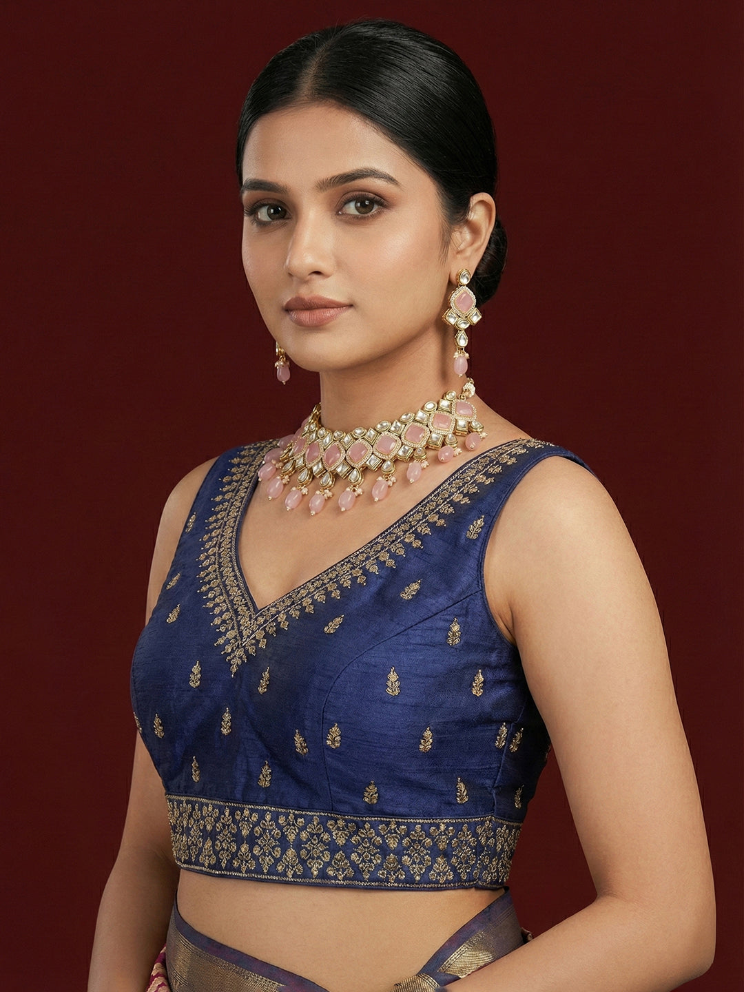 Silk Embroidered Navy Blue Saree Blouse