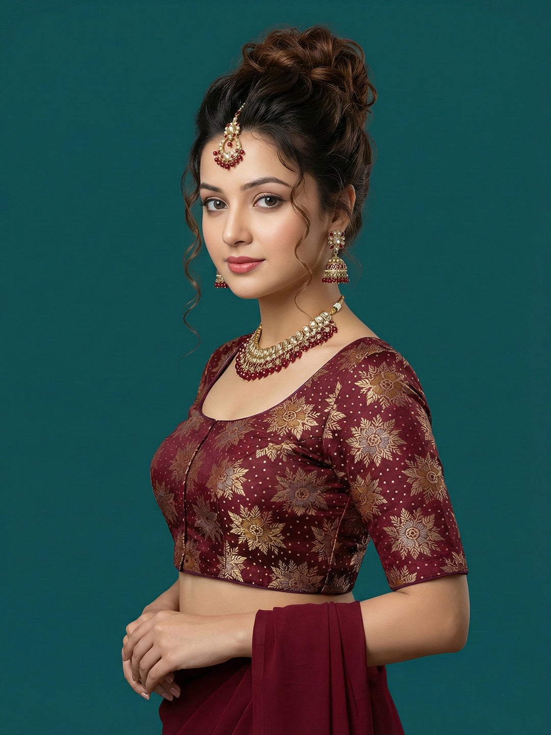 Satin Dark Maroon Brocade Blouse