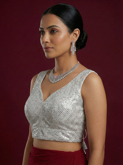 Embellished Silver Saree Blouse