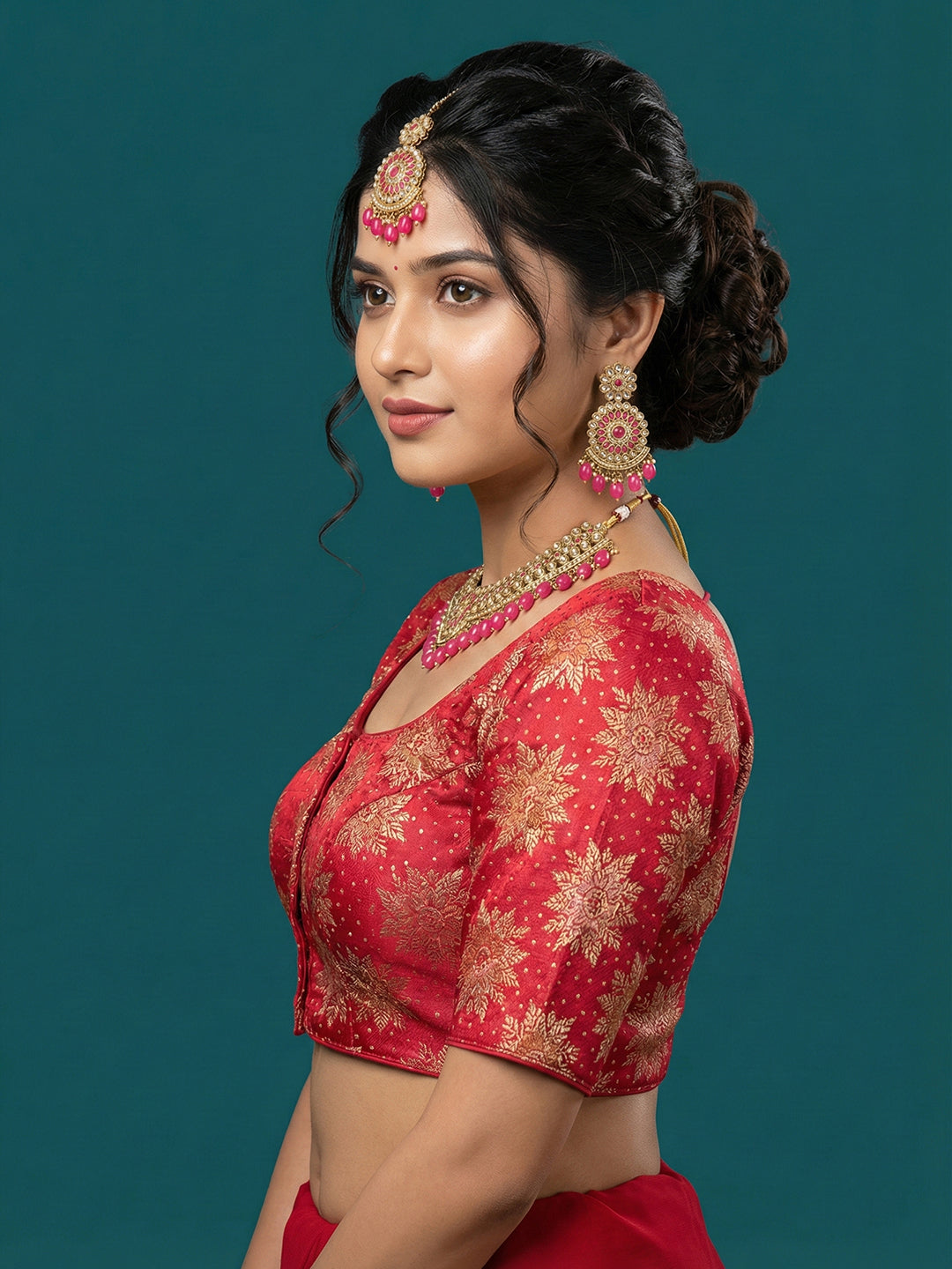 Satin Deep Red Brocade Blouse