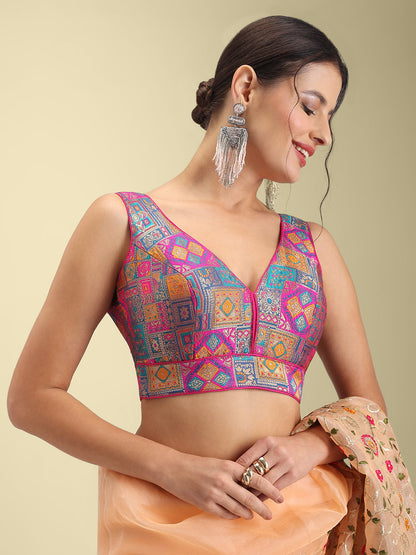 Woven Blue Multi Colour Design Saree Blouse