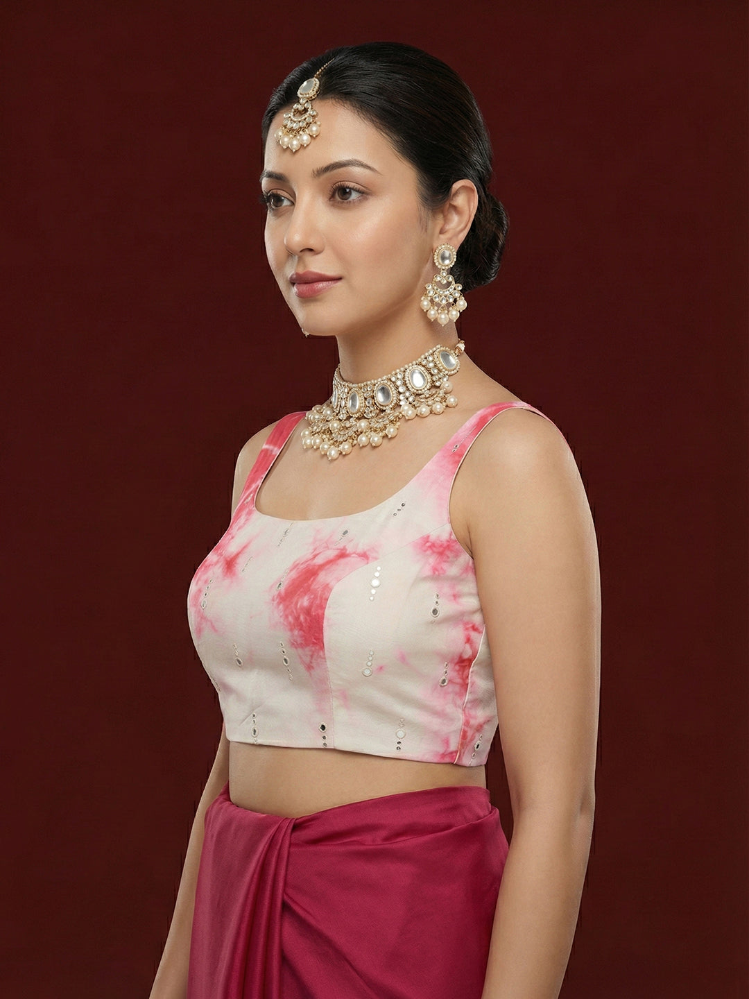 Tie-Dye Pink Embroidered Saree Blouse