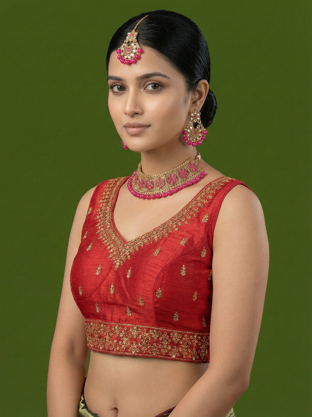 Silk Embroidered Red Saree Blouse