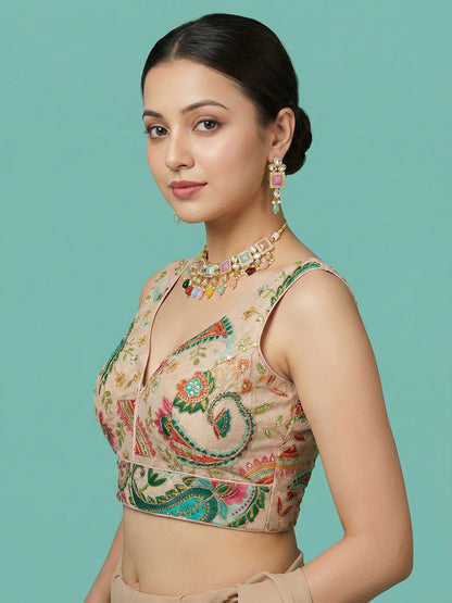 Designer Light Beige Embroidered Saree Blouse
