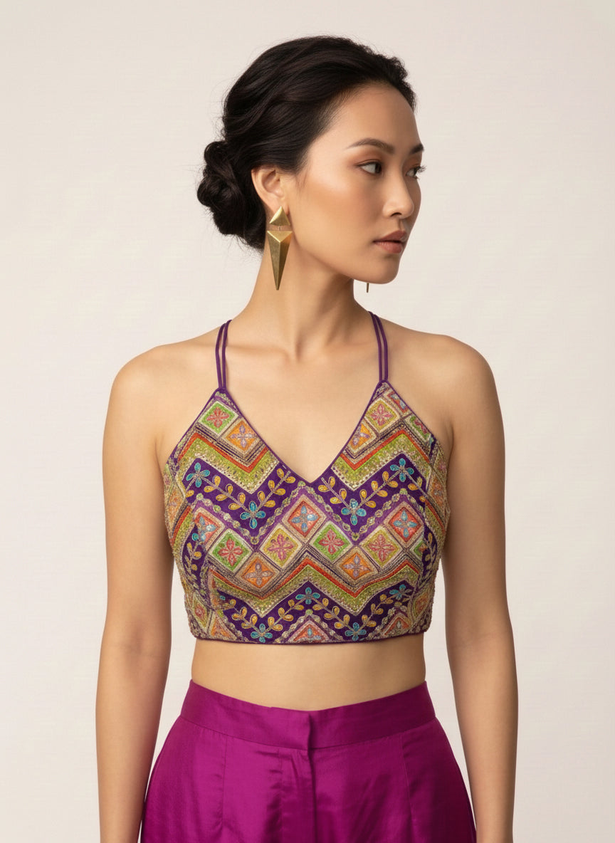 Embroidered Purple Saree Blouse