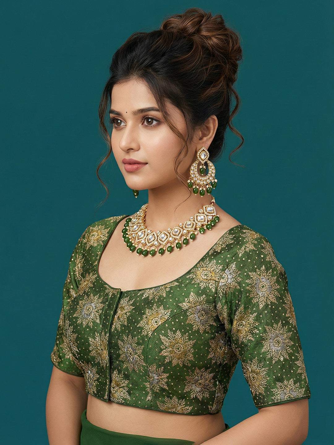 Satin Bottle Green Brocade Blouse