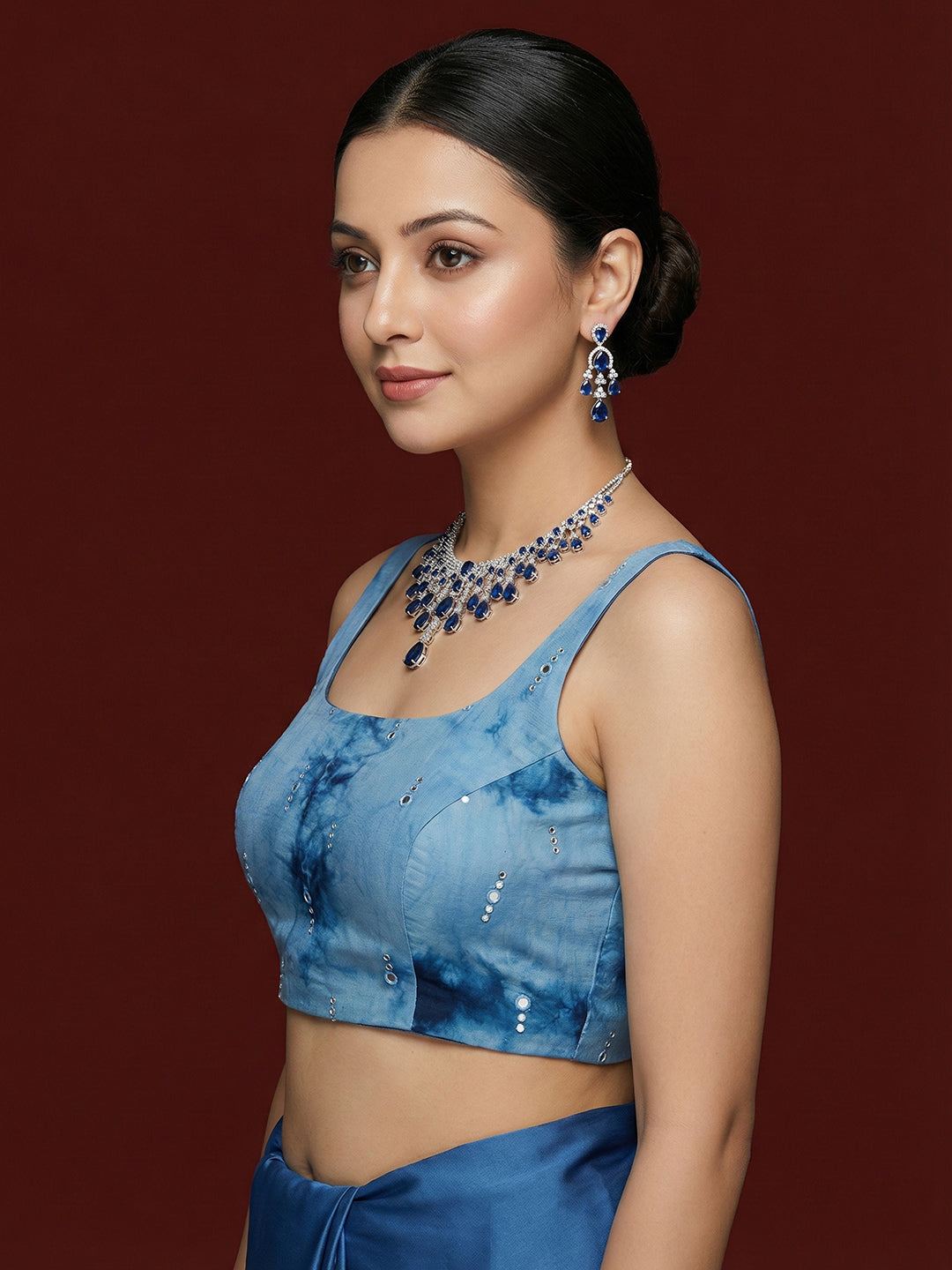 Tie-Dye Navy Blue Embroidered Saree Blouse