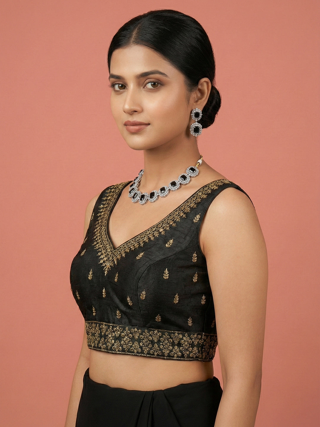 Silk Embroidered Black Saree Blouse