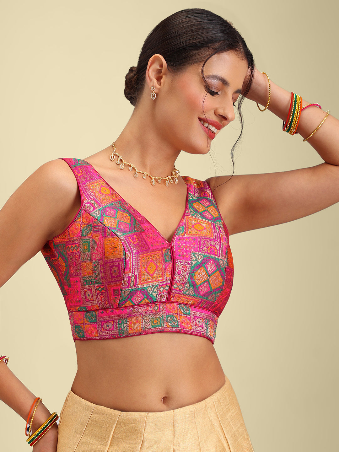 Woven Dark Pink Multi Colour Design Saree Blouse